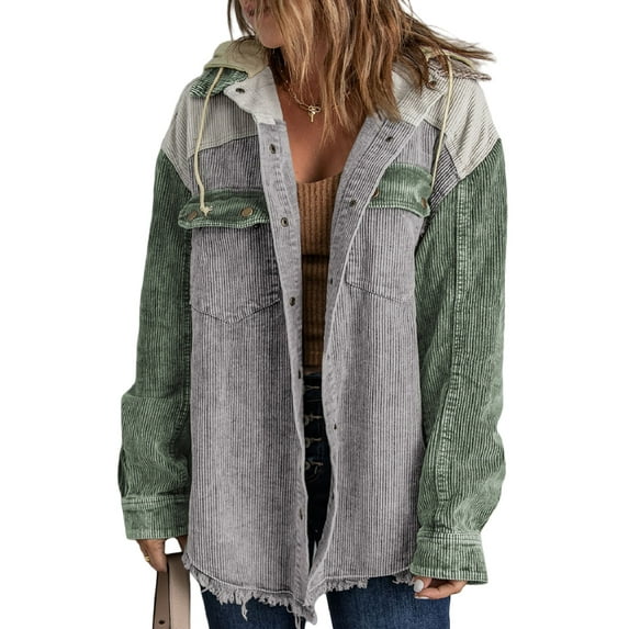 EVALESS Womens Plus Size Shacket Corduroy Hooded Jacket Long Sleeve Button Down Oversized Coat Colorblock Outerwear
