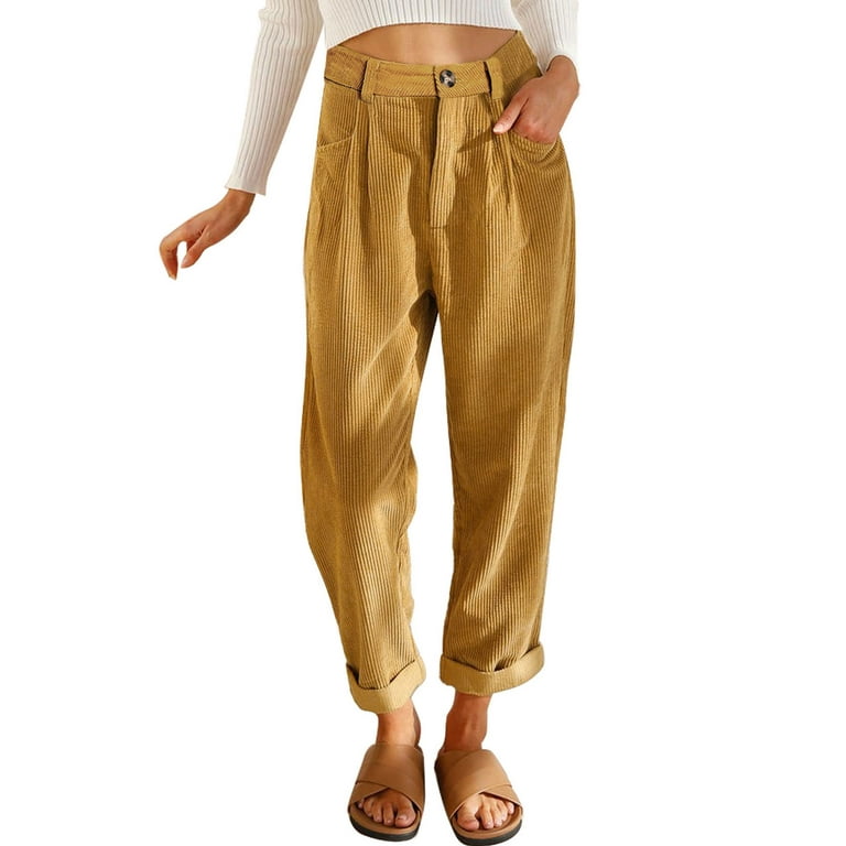 EVALESS Womens Slacks High Waisted Corduroy Pants Casual Loose Straight Leg  Pants Solid Color Vintage Trousers Pants with Pockets Khaki US 12
