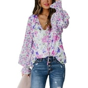 DOKOTOO Womens Tops 2024 Casual V Neck Boho Floral Printed Chiffon Blouses Loose Puff Sleeve Drawstring Button Shirts Rose S