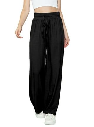 MRULIC pants for women Womens Wide Leg Palazzo Pants High Waisted Lounge  Pant Smocked Pleated Loose Fit Casual Trousers women's pants Black + US 10