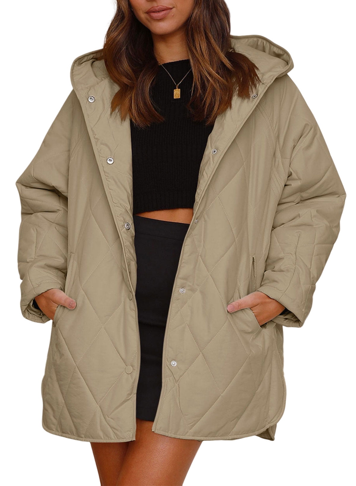 EVALESS Womens Winter Diamond Quilted Jackets Casual Long Sleeve Long