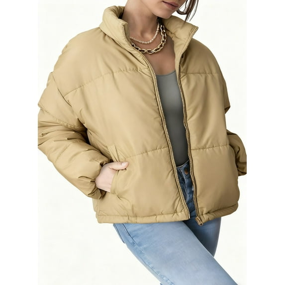 EVALESS Womens Quilted Jackets Winter Long Sleeve Zip Up Puffer Coats with Pockets Khaki M