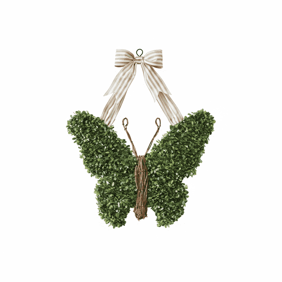 EVAMOKE Faux Boxwood Butterfly Wreaths, 15.74" Artificial Greenery Wall Hanging Decor with Striped Bows & Woven Wicker, Spring Summer Outdoor & Indoor Porch Easter Decoration, Brown & Green