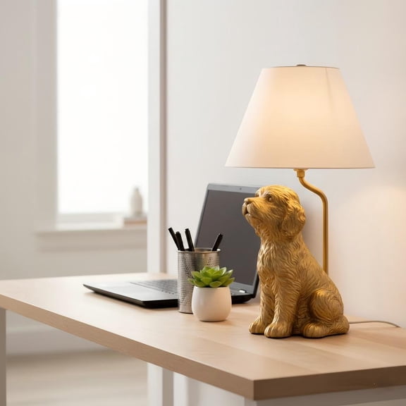 EVAMOKE Little Golden Retriever Table Lamp with Gold Finish Base & White Shade, 18.5" Decorative Bedside Desk Lamp for Living Room & Office