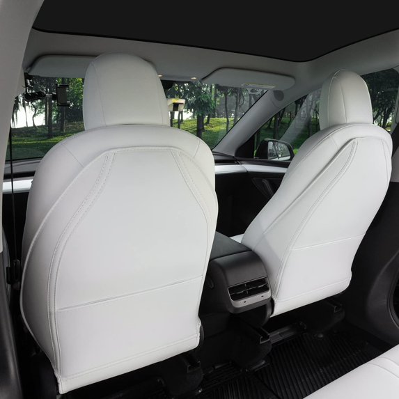 EVANDCAR Leather Seat Back Protector for Model 3/Y/S, Wear-Resistant Car Kick Mats with Organizer Pocket, Set of 2 (White)