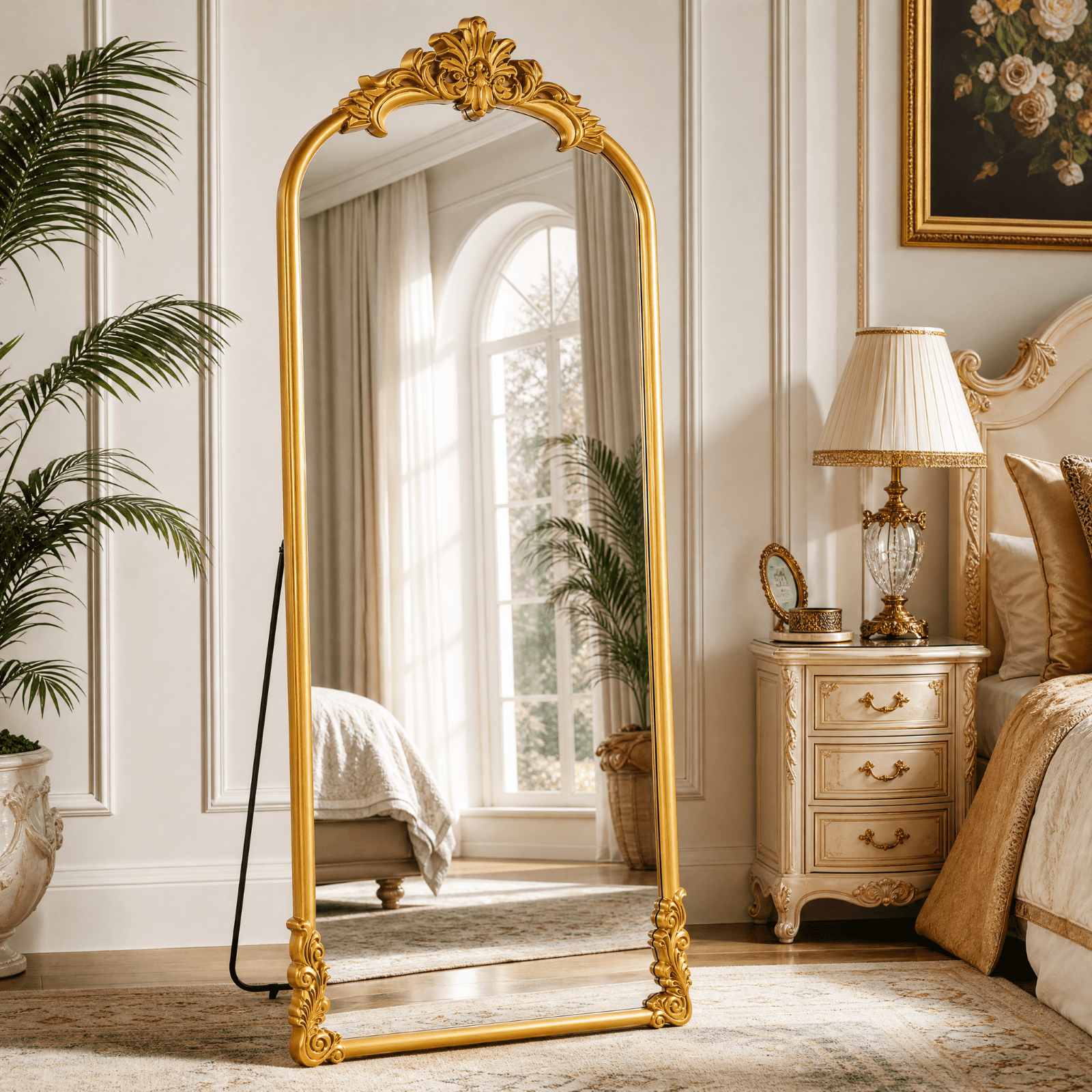 EVARNIO 69"x28" Vintage Full Length Mirror Arched Floor Mirror Baroque Style Wall Mounted Mirror Ornate Decor Mirror with Stand, Gold