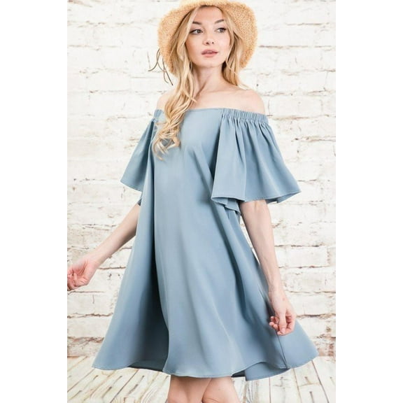 EVAVON Womens Apparel Off Shoulder Swing Dress Dusty Blue