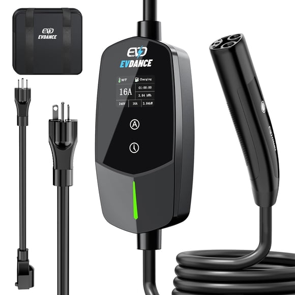 EVDANCE Level 1 & 2 EV Charger for Tesla 16A, Portable Electric Vehicle Charger with 25FT Cable, Adjustable Current & Timer Delay, NACS Connector Compatible with All Tesla Models S/3/X/Y/Cybertruck