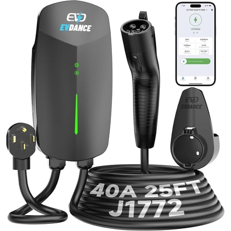 EVDANCE Level 2 EV Charger 40A 9.6kW 240V Smart WiFi Home Charging Station, NEMA 14-50 Plug & 25ft Cable, IP65 Charger for EVs (Tesla with Adapter)