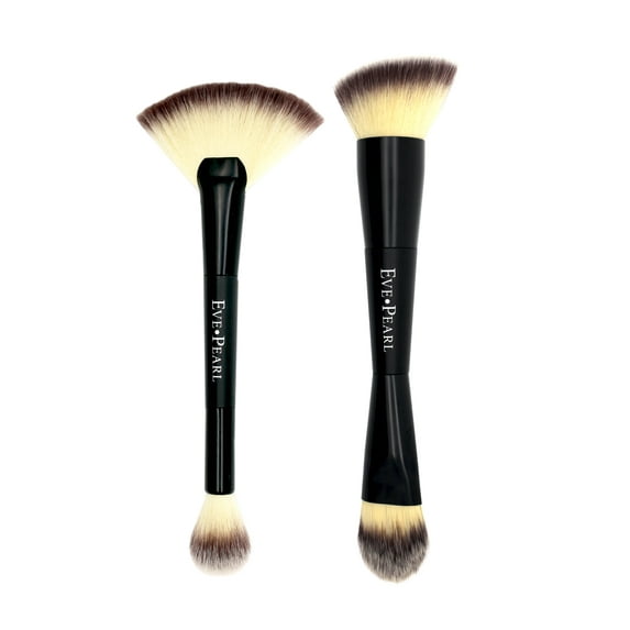 EVE PEARL Dual Brush Set : Set Of 2 Synthetic Cruelty Free Hypoallergenic Contour Blending & Fan Highlighter Brush