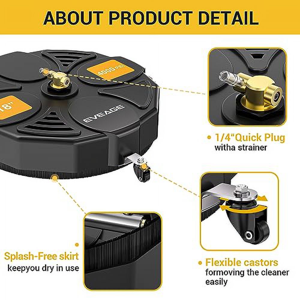 EVEAGE 18" Pressure Washer Surface Cleaner Attachment with Wheels, 4000 PSI Power Washer