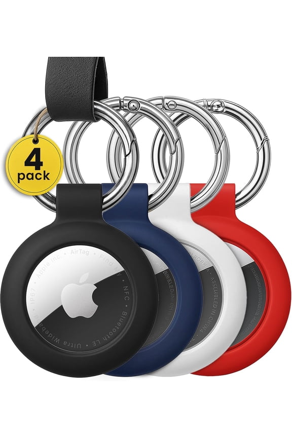 EVEO Airtag Keychain Holder 4 Pack Airtag Holder Keychain, Secure Apple Airtag Case Keychain Air Tag Holders Cover | for Apple Airtags 4 Pack, for Keys, Bags, Pets, Apple Airtag Not Included.