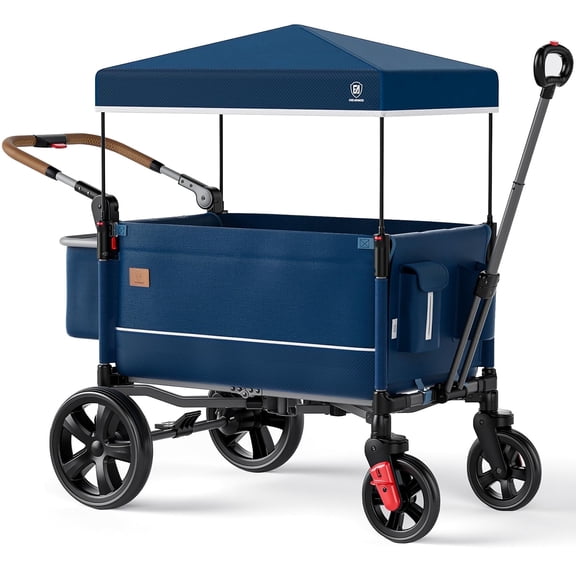 EVER ADVANCED Side-Unzip Wagon Stroller for 2 Kids with Canopy, Push and Pull Baby Wagon for Toddler with 5-Point Harness and Allterrain Wheels, Blue