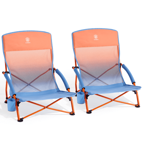EVER ADVANCED High Back Mesh 2 Pack Beach Chairs for Adults, Low Lightweight Portable Camping Chairs with Cup Holder & Carry Bag, Folding for Outdoor Festival Concert, Orange Blue Gradient
