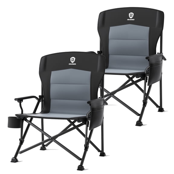 EVER ADVANCED 2 Pieces Oversized Folding Camping Chair, High Back Lawn Chair for Adults with Side Pockets & Cup Holder, Portable Chair for Outdoor, Heavy Duty, Support Up to 500lbs, Black
