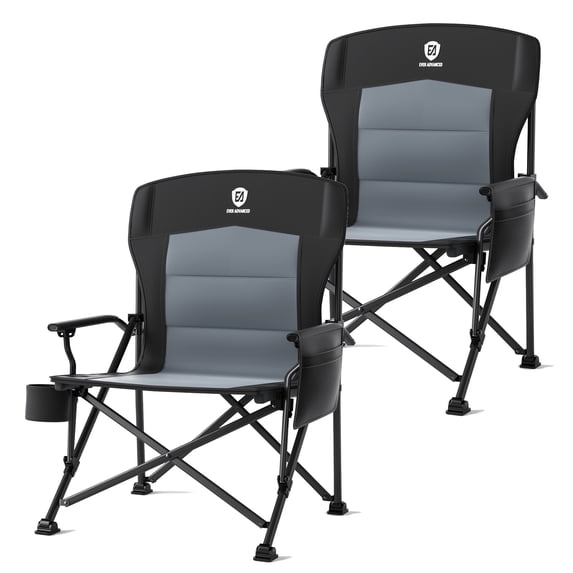 EVER ADVANCED 2 Pieces Oversized Folding Camping Chair, High Back Lawn Chair for Adults with Side Pockets & Cup Holder, Portable Chair for Outdoor, Heavy Duty, Support Up to 500lbs, Black