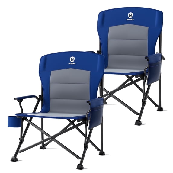 EVER ADVANCED 2 Pieces Oversized Folding Camping Chair, High Back Lawn Chair for Adults with Side Pockets & Cup Holder, Portable Chair for Outdoor, Heavy Duty, Support Up to 500lbs, Blue