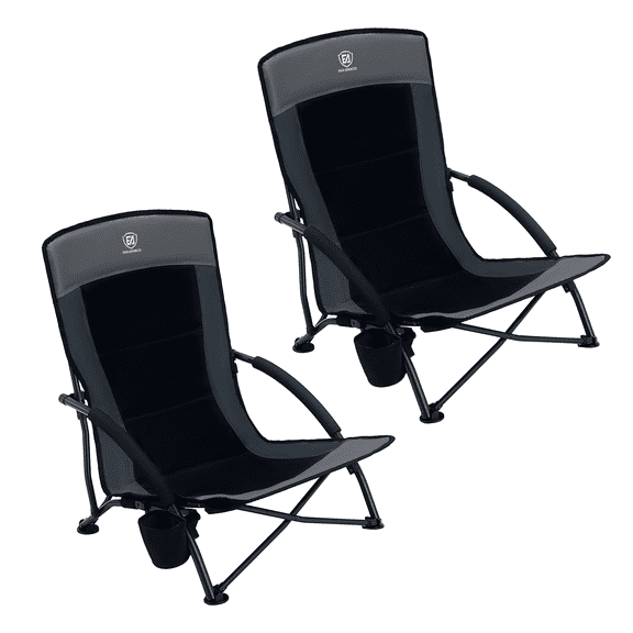 EVER ADVANCED 2 Pack Low Beach Chairs, Lightweight Folding Portable Chairs Heavy Duty High Back Support 350lbs for Adults with Cup Holder Carry Bag for Camping  Sand Lawn Travel Picnic Concert, Black
