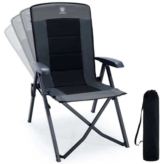 EVER ADVANCED Folding Recliner Camping Chair with Adjustable High Back, Portable Patio Reclining Chair for Adults, Support 300 lbs, Comfortable for Outdoor, Lawn, Beach, Backyard, Black
