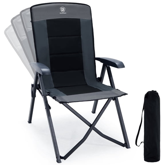 EVER ADVANCED Folding Recliner Camping Chair with Adjustable High Back, Portable Patio Reclining Chair for Adults, Support 300 lbs, Comfortable for Outdoor, Lawn, Beach, Backyard, Black