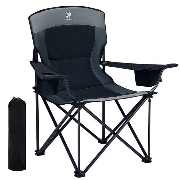 EVER ADVANCED Oversized Camping Chairs Heavy Duty Padded Folding Lawn Chair with Cup Holder,Support 400lbs for Adults Outdoor Fishing Sports Black