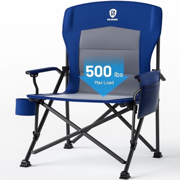 EVER ADVANCED Oversized Folding Camping Chair, High Back Lawn Chair for Adults with Side Pockets & Cup Holder, Support Up to 500lbs, Blue