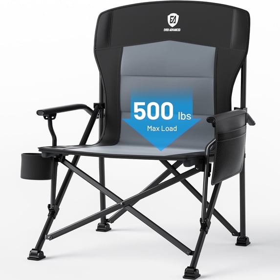 EVER ADVANCED Oversized Folding Camping Chair, High Back Lawn Chair for Adults with Side Pockets & Cup Holder, Support Up to 500lbs, Black