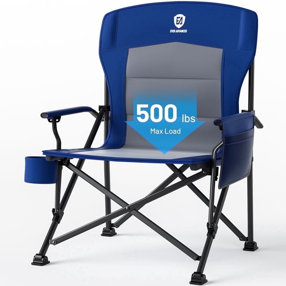 EVER ADVANCED Oversized Folding Camping Chair, High Back Lawn Chair for Adults with Side Pockets & Cup Holder, Support Up to 500lbs, Blue