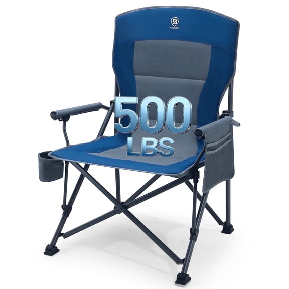 EVER ADVANCED Oversized Folding Camping Chair, High Back Lawn Chair for Adults with Side Pockets & Cup Holder, Support Up to 500lbs, Blue