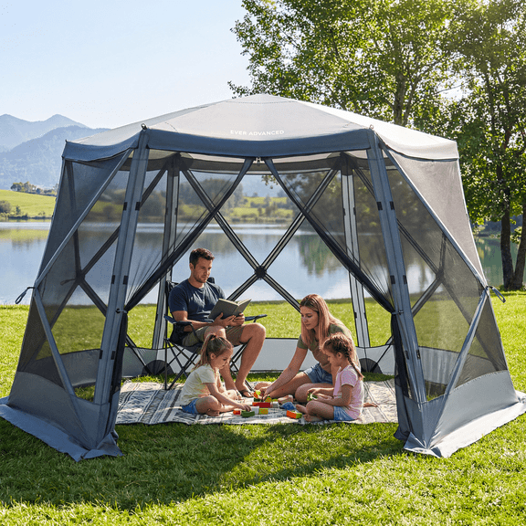EVER ADVANCED Pop Up Gazebo Tent, 11.5 x 9.8 ft Instant Tent, 6-Sided Screen Tent for Picnic, Camping, Outdoor, Gray