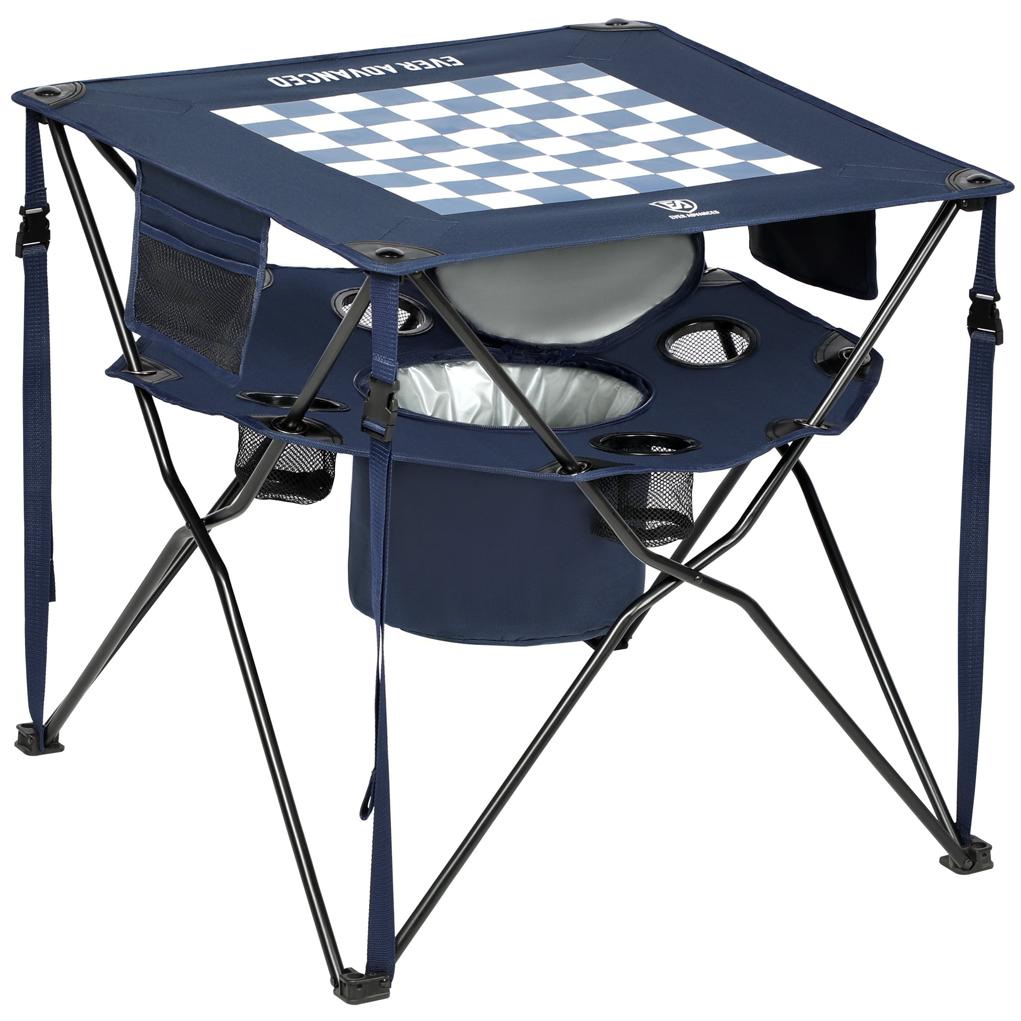 EVER ADVANCED Portable Tailgating Table, Folding Camping Table with Cooler and Cup Holders, Blue