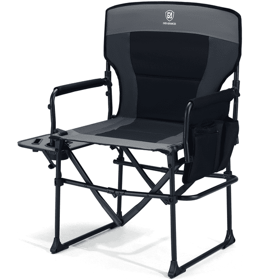 EVER ADVANCED Heavy Duty Directors Chair with Side Table, Portable Folding Chair with Compact Size, Lawn Chair with Pocket for Beach, Camping, Lawn, Sports and Fishing, 400lbs, Black