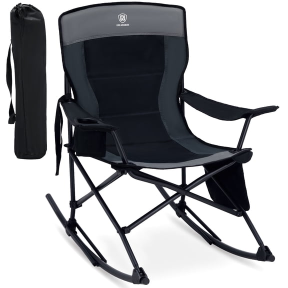 EVER ADVANCED Rocking Camping Chair, Portable Folding Rocker for Outdoor with Cup Holder Side Pocket and Carry Bag, Supports 300LBS, Black