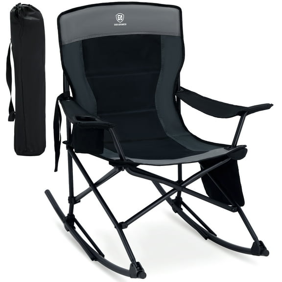 EVER ADVANCED Rocking Camping Chair, Portable Folding Rocker for Outdoor with Cup Holder Side Pocket and Carry Bag, Supports 300LBS, Black