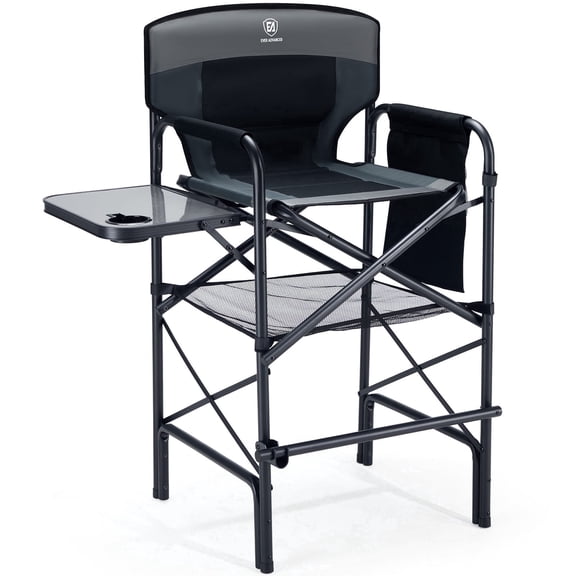 EVER ADVANCED Portable 30.7" Seat Height Tall Folding Camping Chair Directors Chair High Foldable Bar Stool with Side Table for Makeup Artist, Sports Event, Craft Show, Supports 350LBS Black