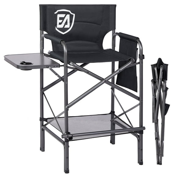 EVER ADVANCED Tall Directors Chair 30.7" Seat Height, Folding Chair for Makeup Artist with Side Table and Storage Pocket Supports 350 lbs, Black