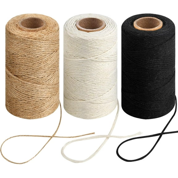 EVERBETTERUS 984 Ft Twine String, Natural Jute Twine, 2mm White Cotton Rope, 10ply Black Cotton for Crafts, Art, Gardening Plants, Gift Wrapping, Decoration, Packing String Bulk(3 Rolls)