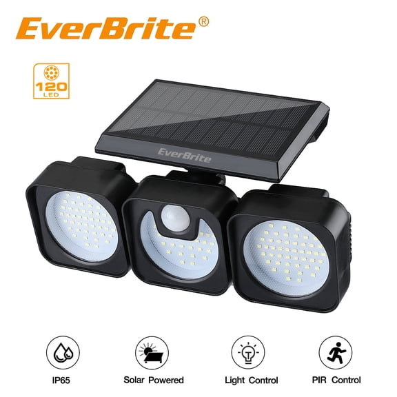 EverBrite Solar Motion Sensor Outdoor Wall Light, 3 Adjustable Heads, IP65 Waterproof Security Light with Wide-Angle Illumination