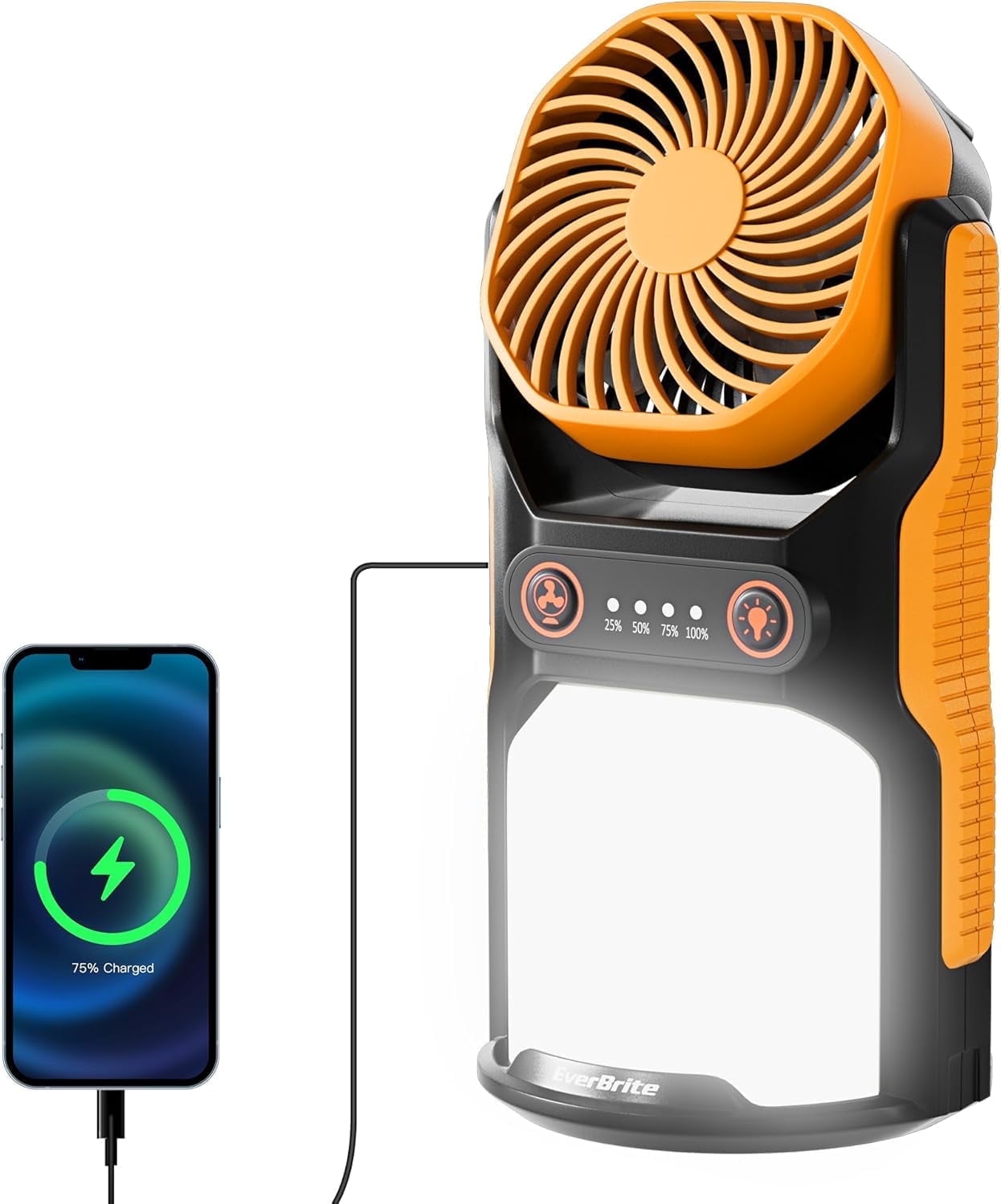 EverBrite Rechargeable Camping Lantern with Fan- 4400mAh Power Bank, Camping Fan with 3 Fan Speeds, Portable 1000LM Handheld Light with Hanging Hook for Summer Camping, Hiking, USB Cable Included