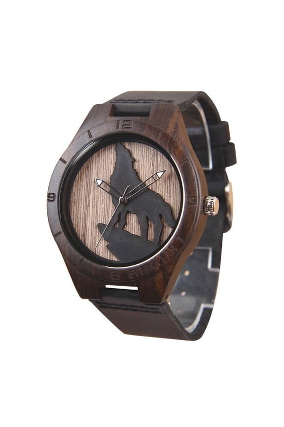Unisex Black Sandalwood Watch Analog Quartz Black Leather Strap Brown Dial With Wolf Natural Design 8022G-BWF