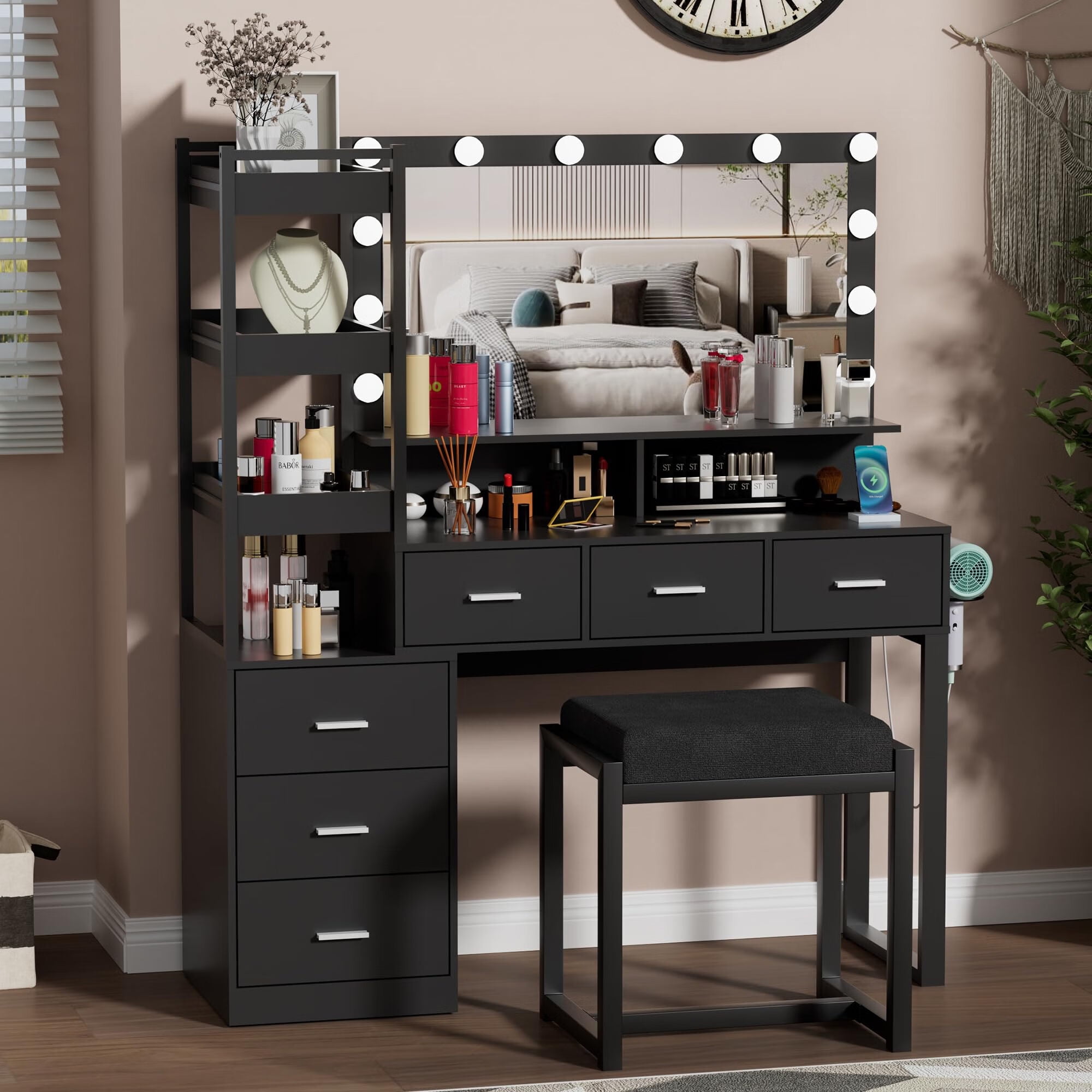 EVERDIJ Vanity Makeup Desk Set with LED Lighted Mirror and Power Outlet
