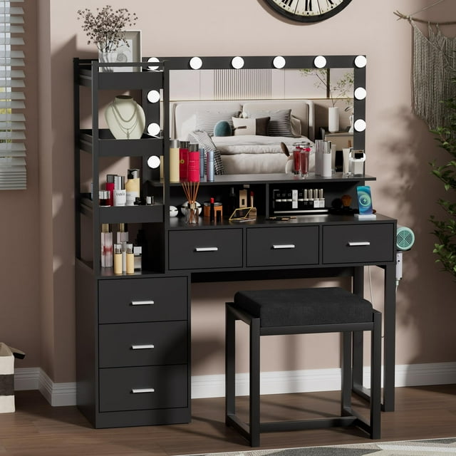 EVERDIJ Vanity Makeup Desk Set with LED Lighted Mirror and Power Outlet