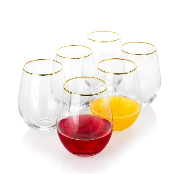 EVEREST GLOBAL Gold Rim Stemless Wine Glass 18 oz set of 6 Crystal Clear with Golden Rim