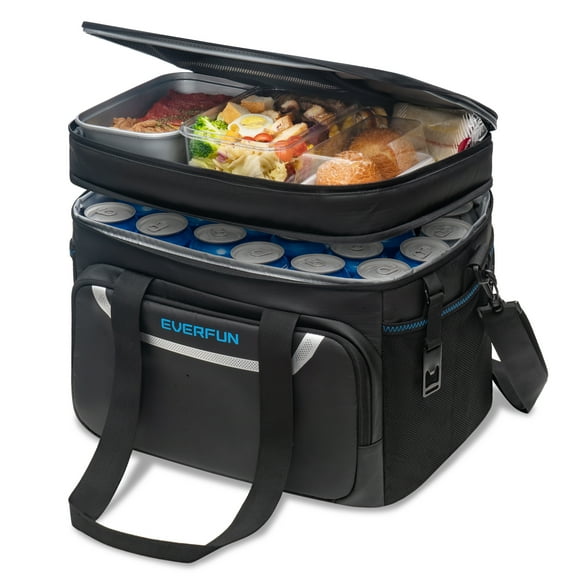 EVERFUN Insulated Lunch Box for Men Soft Sided Cooler Bag, Large Collapsible Women Reusable Lunchbox for Travel Work Picnic Beach, Dual Compartments 35L Black