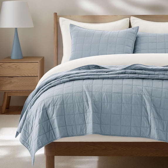 EVERGRACE 100% Cotton Box Stitch Quilt Bedding Set King Size 3 Pieces, Garment-Washed Lightweight Soft Cozy Coverlet, Oversized Quilted Bedspread Sets with 2 Shams for All Season, Blue Linen
