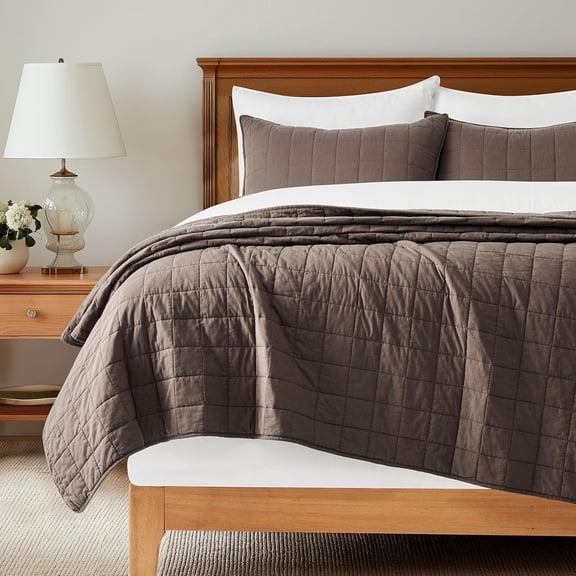 EVERGRACE 100% Cotton Box Stitch Quilt Bedding Set King Size 3 Pieces, Garment-Washed Lightweight Soft Cozy Coverlet, Oversized Quilted Bedspread Sets with 2 Shams for All Season, Cocoa Brown