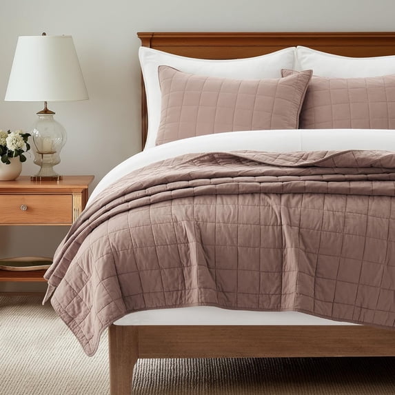 EVERGRACE 100% Cotton Box Stitch Quilt Bedding Set King Size 3 Pieces, Garment-Washed Lightweight Soft Cozy Coverlet, Oversized Quilted Bedspread Sets with 2 Shams for All Season, Clay