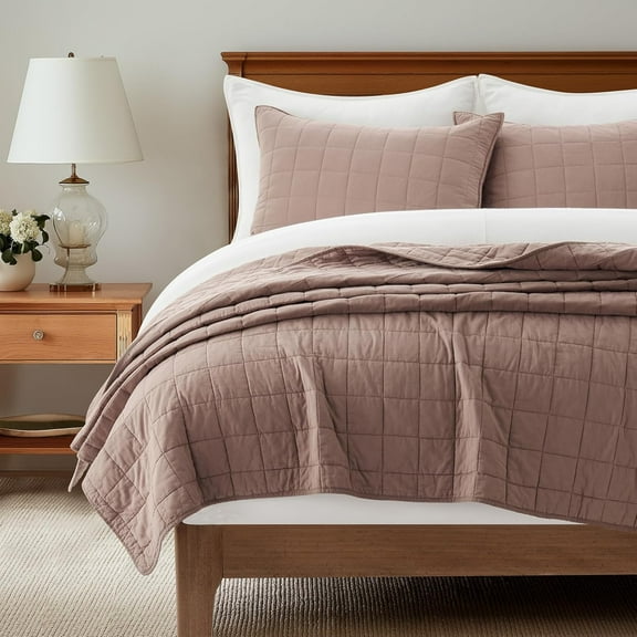 EVERGRACE 100% Cotton Box Stitch Quilt Bedding Set King Size 3 Pieces, Garment-Washed Lightweight Soft Cozy Coverlet, Oversized Quilted Bedspread Sets with 2 Shams for All Season, Clay