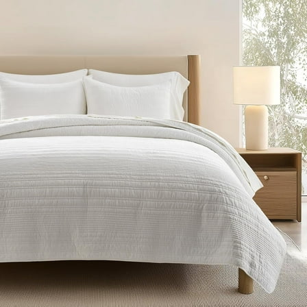 EVERGRACE 100% Cotton Modern Lines Quilt Set King Size, Pre-Washed Soft Striped Coverlet Bedspread, 3 Piece Lightweight Bedding Set for All Season, with 2 Pillow Shams, Bright White