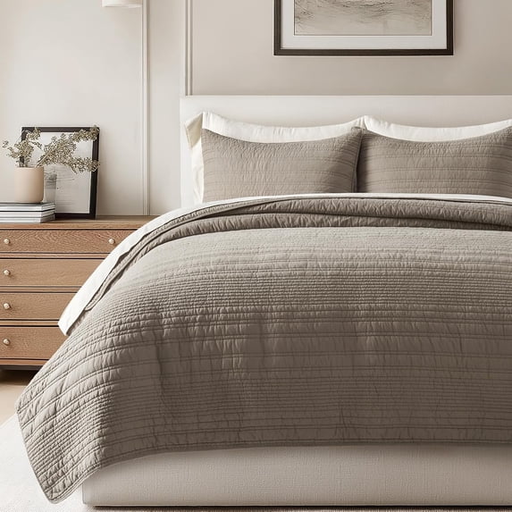 EVERGRACE 100% Cotton Modern Lines Quilt Set King Size, Pre-Washed Soft Striped Coverlet Bedspread, 3 Piece Lightweight Bedding Set for All Season, with 2 Pillow Shams, Stone Taupe